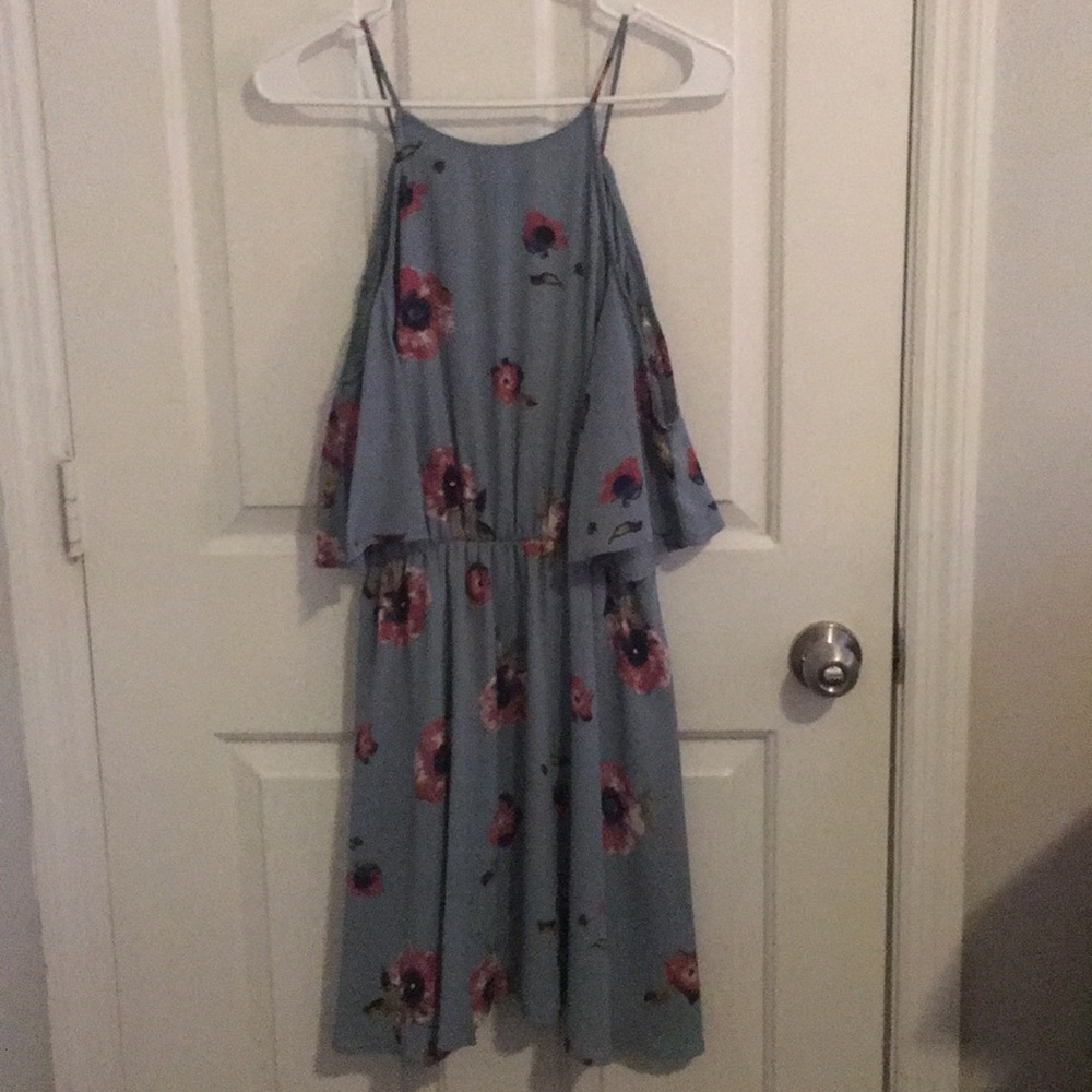 Blue Open-Shoulder Dress with Purple Floral Design